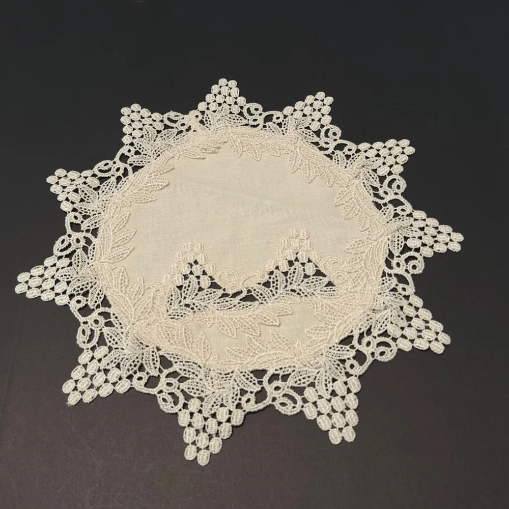 Vintage Beige Lace Table Runner and Doily Set Grape Vine Motif Scalloped Edge